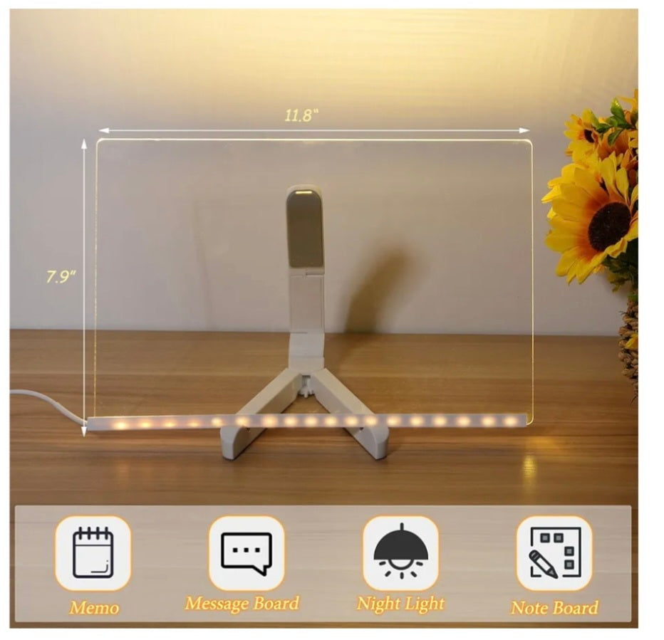 CAPOT Acrylic Dry Erase Board with Light 11.8 X 7.9” Light up Dry Erase Board with Stand as a Glow Memo LED Letter Message Board Note Glass Led Board White Board with 7 Pen