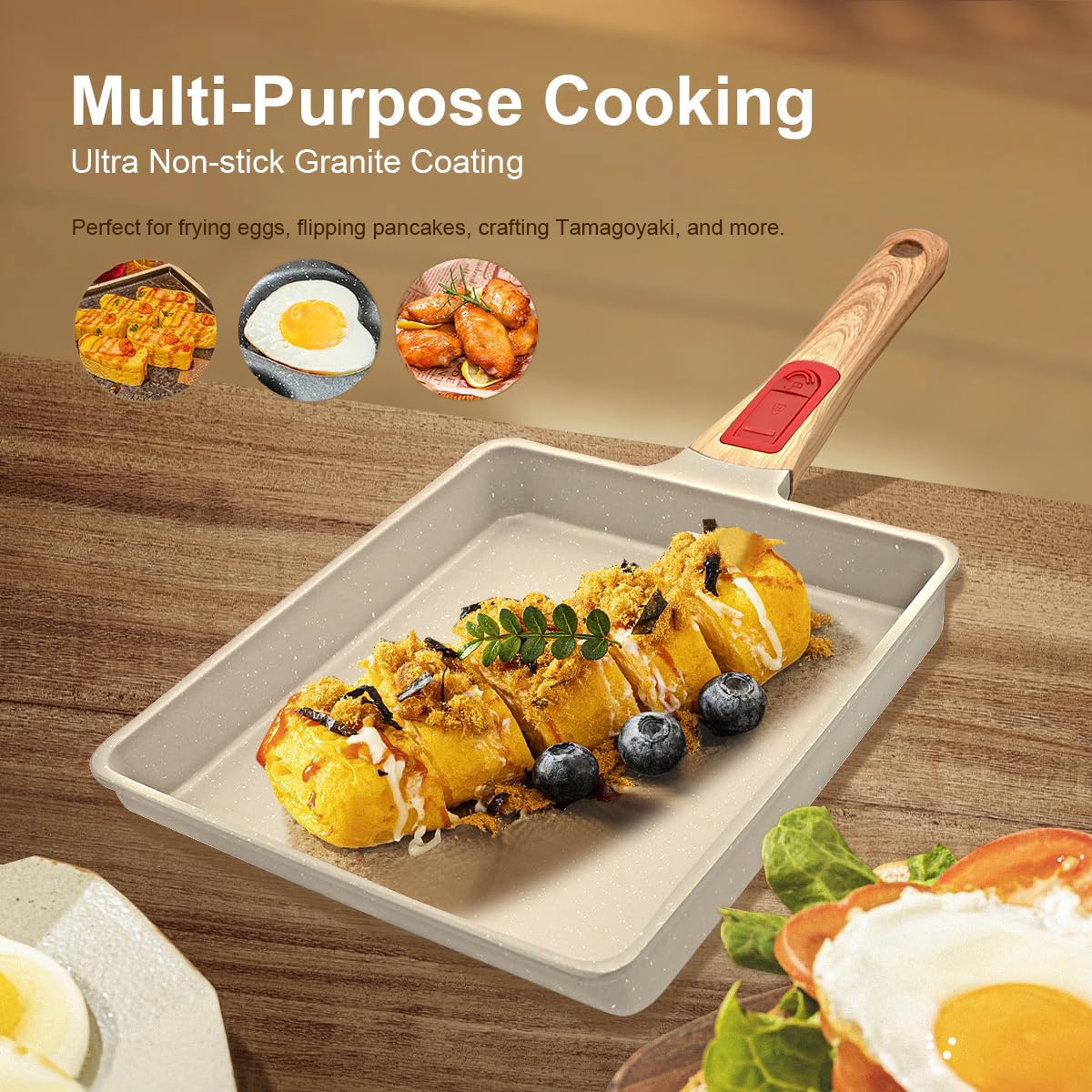 Japanese Omelette Pan Nonstick with Detachable Handle, Oven Safe Tamagoyaki Egg Roll Pan 23x21 cm - White