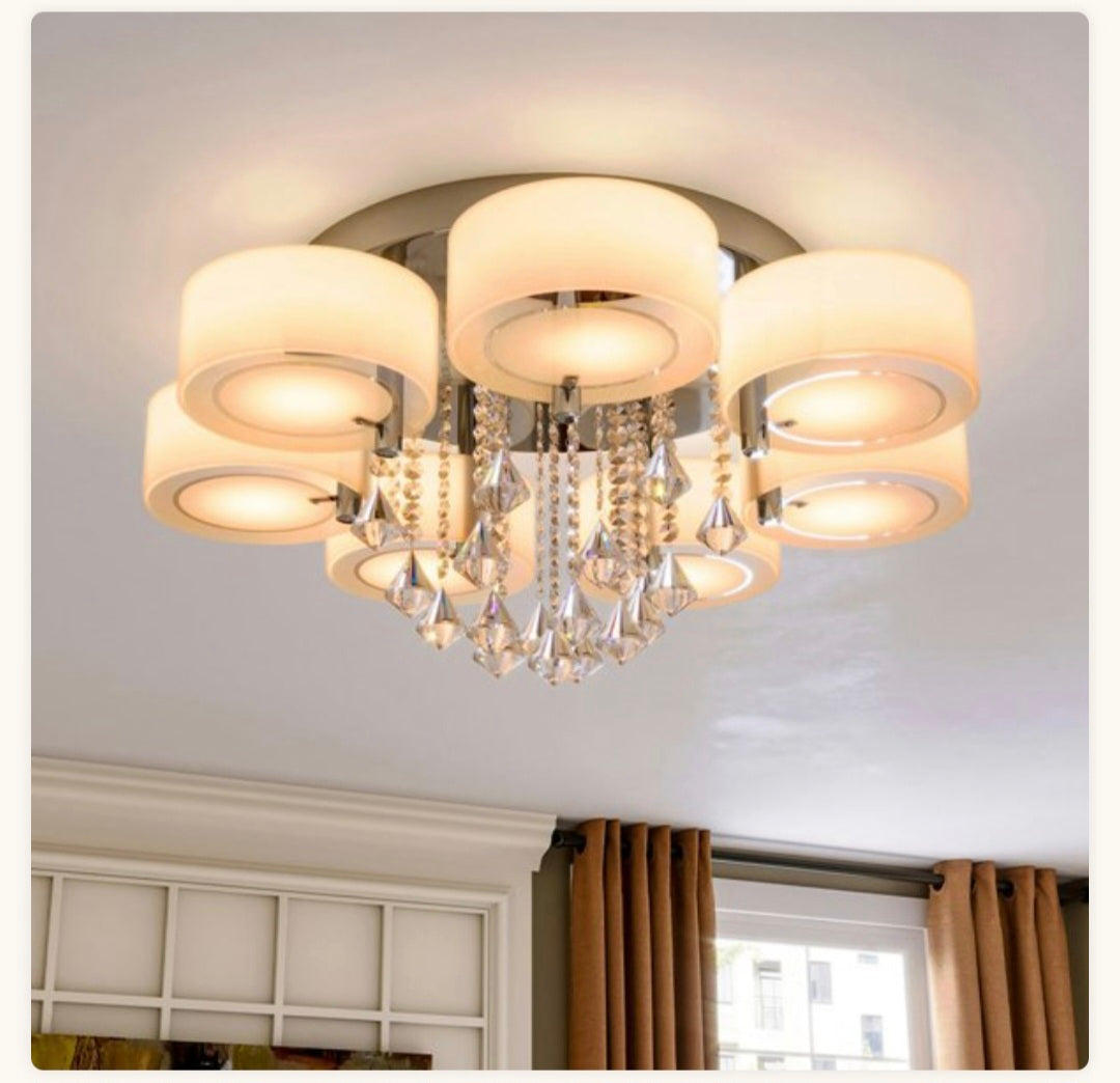 Living and Home Ceiling Light Semi-Flush Mount, Cylindrical Acrylic Lampshades, Crystal Drops