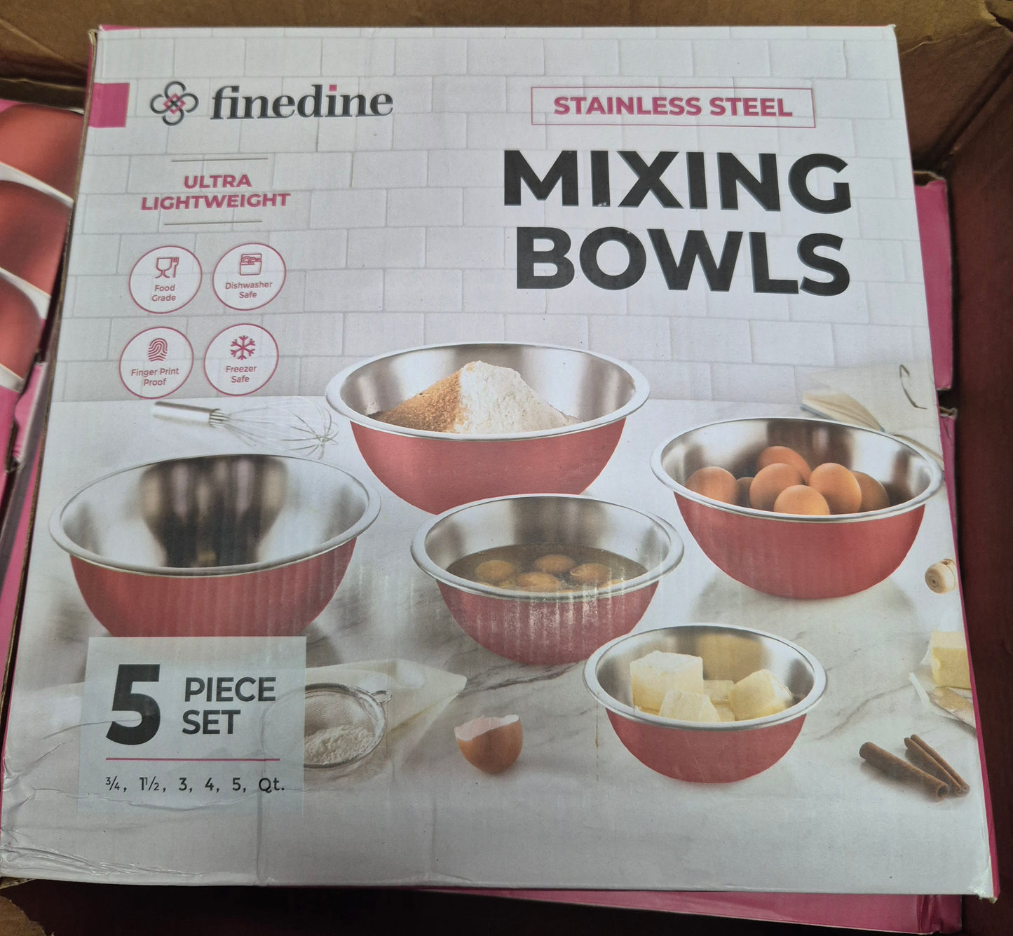 finedine Stainless Steel Mixing Bowls 5 Piece Set For Baking Lightweight Red