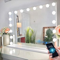 Hollywood Vanity Mirror with Lights Large Makeup Mirror with 18 Dimmable LED Bulbs Lighted Vanity Mirror with Music Speaker 3 Color Modes Makeup Mirror with Lights and Magnification 80x60