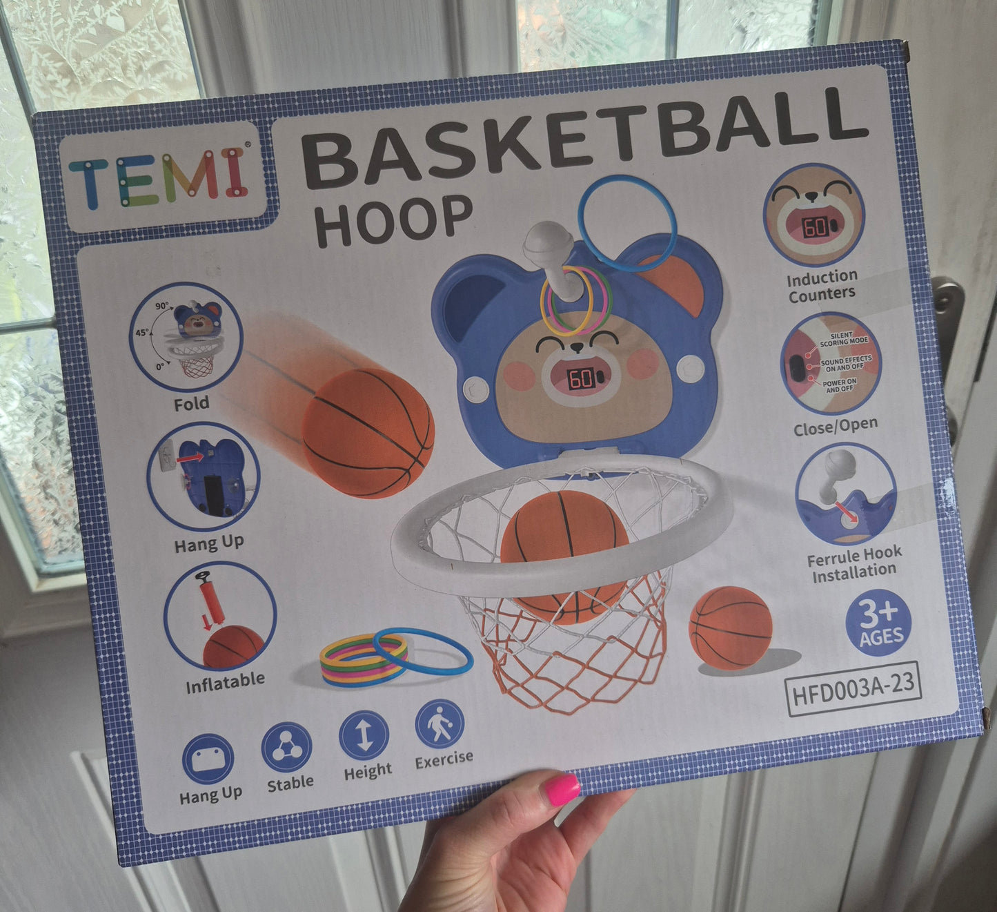 2 in1 Electronic Scoreboard Basketball Hoop Set with Ring Toss for Toddlers