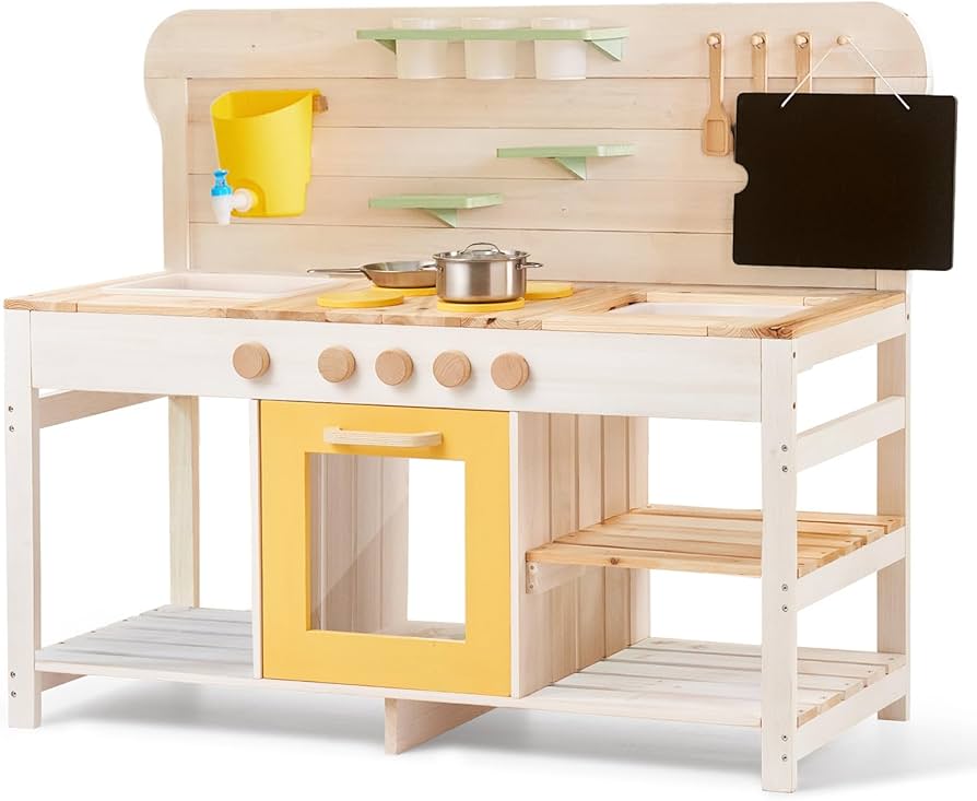 Giant bean Mud Kitchen for Kids Outdoor, Deluxe Wooden Toy Play Kitchen Set for Boys and Girls Ages 3-8 Indoor & Outdoor Activities, with Sand and Water Sink, Blackboard and Accessories