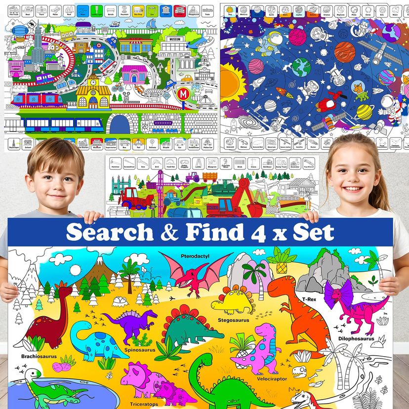 Giant Kids Colouring Posters 4-Pack – 2x3 Ft Sheets with Educational Tasks including