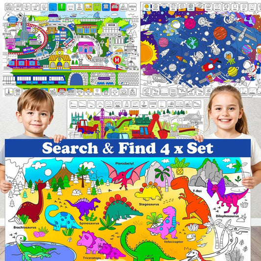 Doodletivity Giant Kids Colouring Posters 4-Pack – 2x3 Ft Sheets with Educational Tasks including