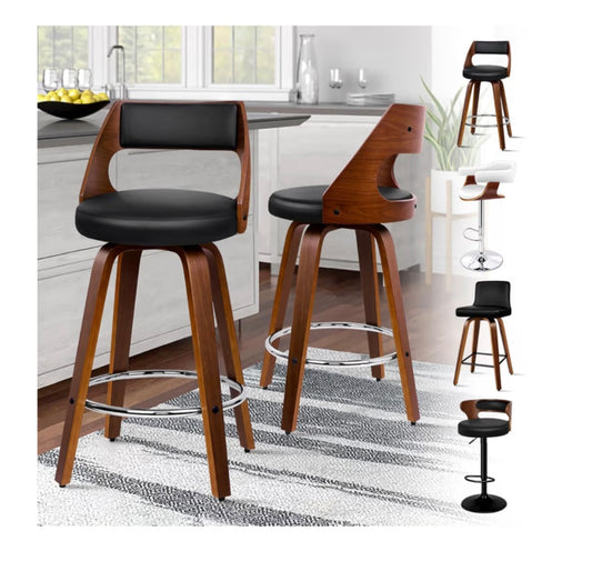 ALFORDSON Bar Stools Set of 2, Thick Padded Barstools PU Leather, Wooden Kitchen Chair with Backrest and Footrest, for Dining Room Pub Bar Countertop, 150KG Loads, Black