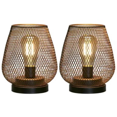 JHY DESIGN Set of 2 Metal Cage Table Lamp Battery Powered, Cordless Accent Lights with LED Edison Style Bulb for Bedroom Home Weddings Parties Patio Indoors Outdoors (Egg Shape)