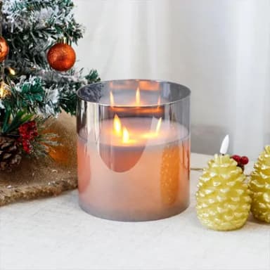 JHY DESIGN Large 3-Wick Glass Flameless Battery Operated Candles Dancing Flame LED Large Pillar Tea Lights Candlelights with 6-Hour Timer Feature Real Moving Wick for Home Wedding Party Festival(Grey)